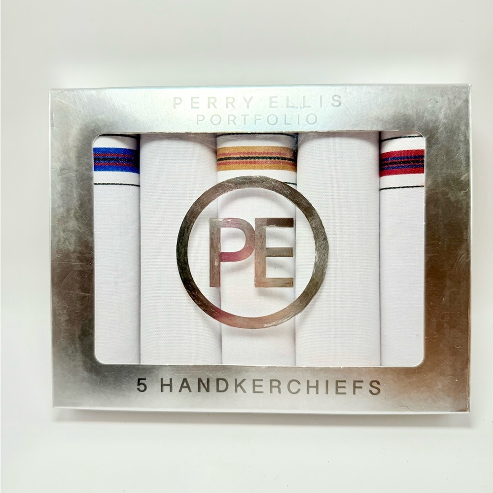 Perry Ellis Portfolio Handkerchiefs, Gift Set of 5, White w/Multicolor Stripes